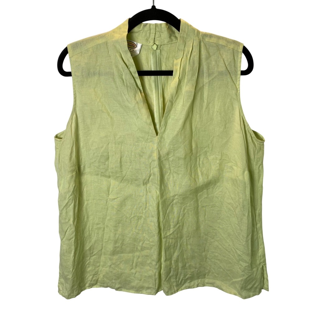Talbots Irish Linen Top Women 14W Lime Green V-Neck Blouse Preppy Coastal Summer